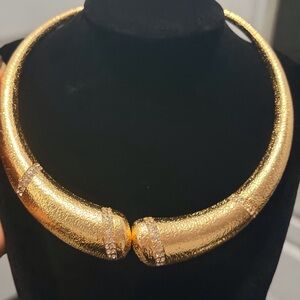 Textured Gold Collar Necklace with Crystal Band Accents